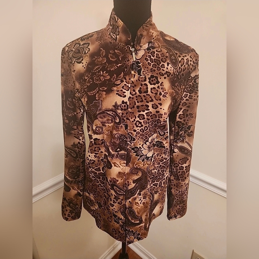 Notations Woman Brown Paisley Jacket Zipper Front Lightweight LS  Size S